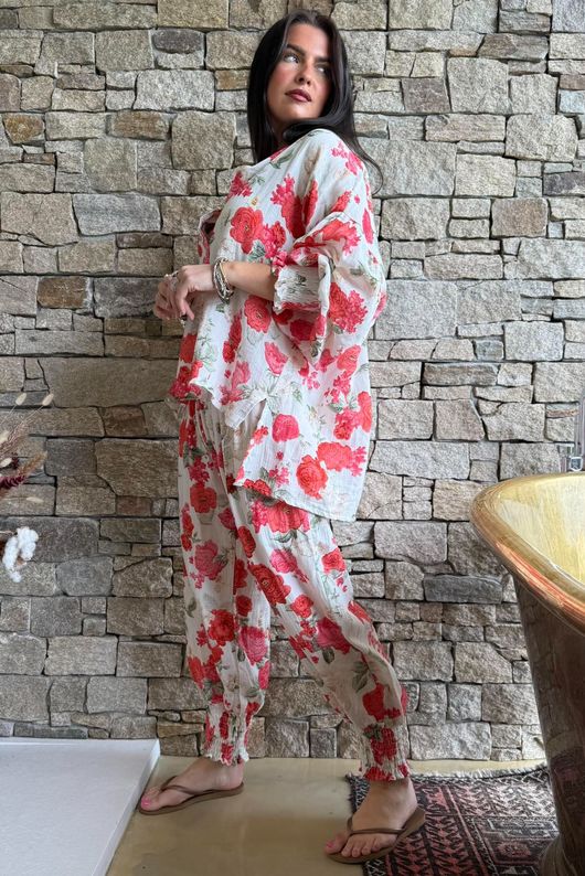 Daughter Of Ibiza Cabbage Rose Balloon Sleeve Shirt Scarlet 